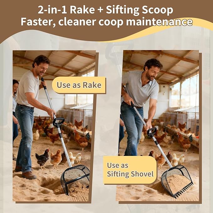 Chicken Poop Scooper & Rake 2-in-1, Pooper Scooper with Large Sifting Shovel, Adjustable Stainless Steel Handle (24"-68"), Chicken Coop Litter Scoop & Cleaning Tool for Farm Animals