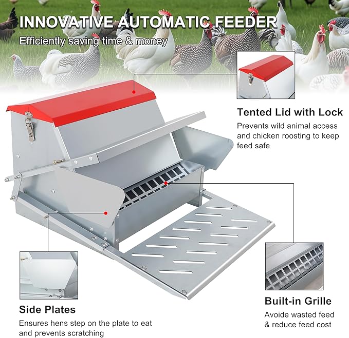 25lbs Automatic Chicken Feeder-Metal Treadle Poultry Feeder, No Waste Rat Proof Chicken Feeder with Sturdy Galvanized Steel Build and Weatherproof Locking Lid for Duck, Fowl, Pheasant Outdoor