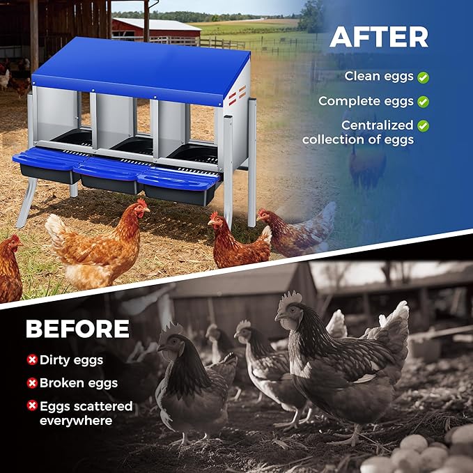 Chicken Nesting Box, 3-Hole Wall Mount Metal Chicken Nesting Box with Rollout Egg Collection & Easy-Clean Pull Out Tray, Roll Away Hen Roosting Boxes