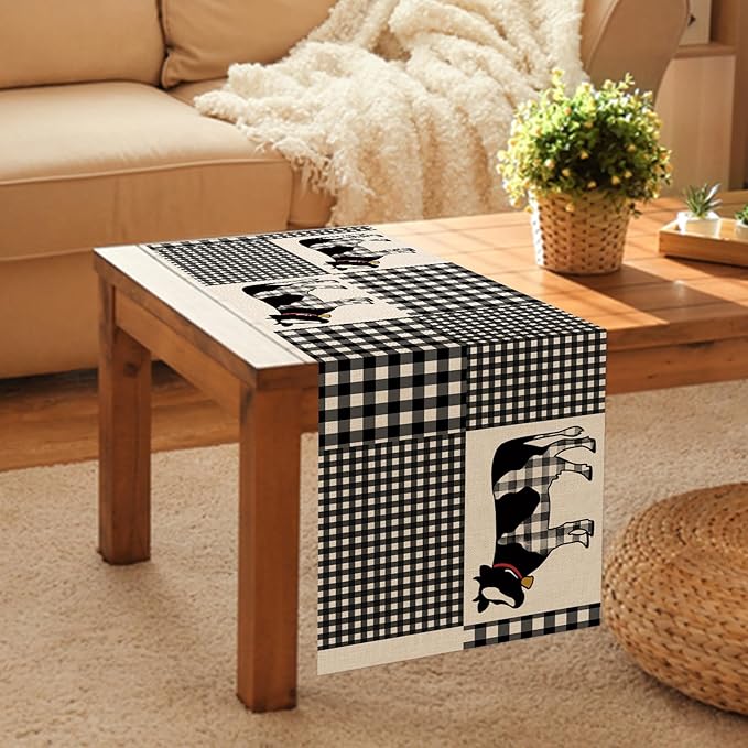 Seliem Buffalo Plaid Check Cow Table Runner, Farm Animals Kitchen Dining Table Decor, Farmhouse Burlap Home Decoration Indoor Outdoor Party Supply 13 x 36 Inches