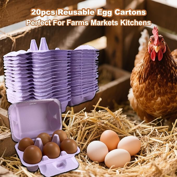 Purple Reusable Egg Cartons, 20 Pack Half Dozen Paper Pulp Containers with 50 Handling Instruction Cards, Perfect for Farm Fresh Chicken Eggs Storage