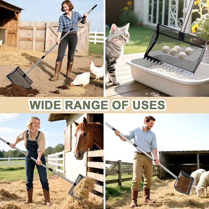 XOTTI 12 Inch Large Chicken Poop Scooper & Rake 2-in-1, Metal Chicken Coop Scoop with 36 to 75" Adjustable Stainless Steel Handle, Durable Sand Litter Sifting Shovel for Farm Animals