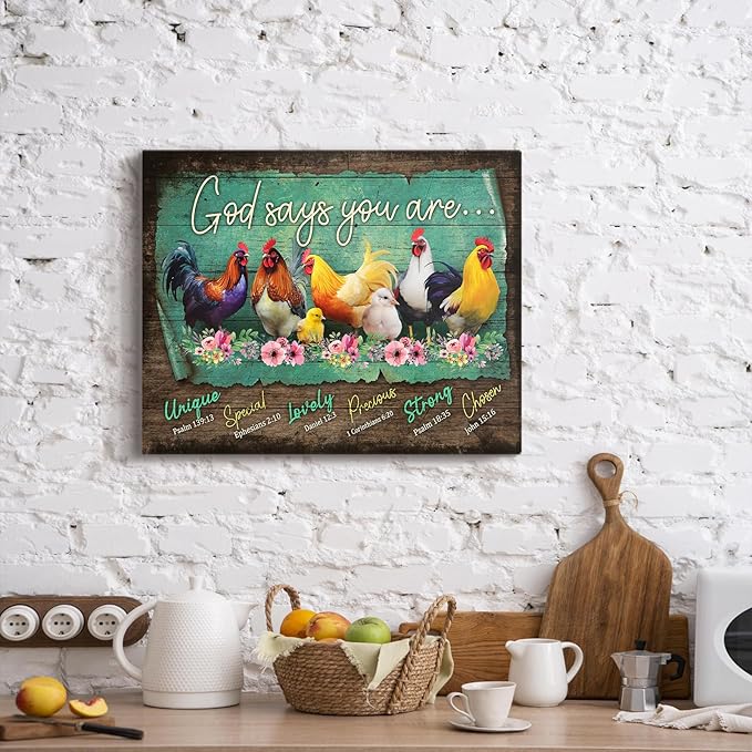 Rooster Kitchen Decor Wall Art Farmhouse Chicken Pictures Wall Decor for Kitchen Rustic Country God Says You Are Canvas Prints Framed Artwork Home Decorations For Bathroom Dinning Room 16"X20"