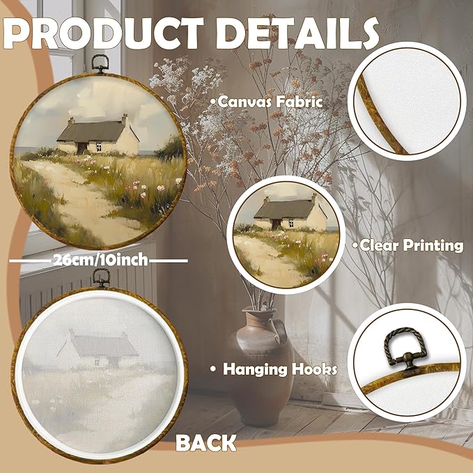 CUANFDDSF Rustic Farmhouse Round Wall Art, Vintage Countryside Framed Hanging Wall Decor, Cottagecore Country Landscape Canvas Prints Decorations for Home Bedroom Living Room, 10x10 Inch