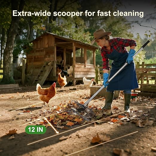 12-inch Large Chicken Poop Scooper with Ergonomic Grip, 5 in 1 Adjustable Chicken Coop Pooper Shovel, Sifting Litter Shovel Scoop for Dog Coop/cowshed‌/Sheep Pen/Pigsty/Stable Cleaning/‌Feed hay