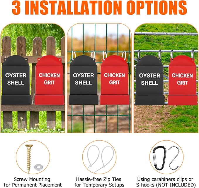 2PCS Heavy Duty Chicken Grit Oyster Shell Feeder - No Waste & No Mess, 6'' x 10'' Rust-Proof Metal Automatic Poultry Feeder, Gravity-Fed Hanging Feeder for Coop, Ducks, Pigeons, Dove
