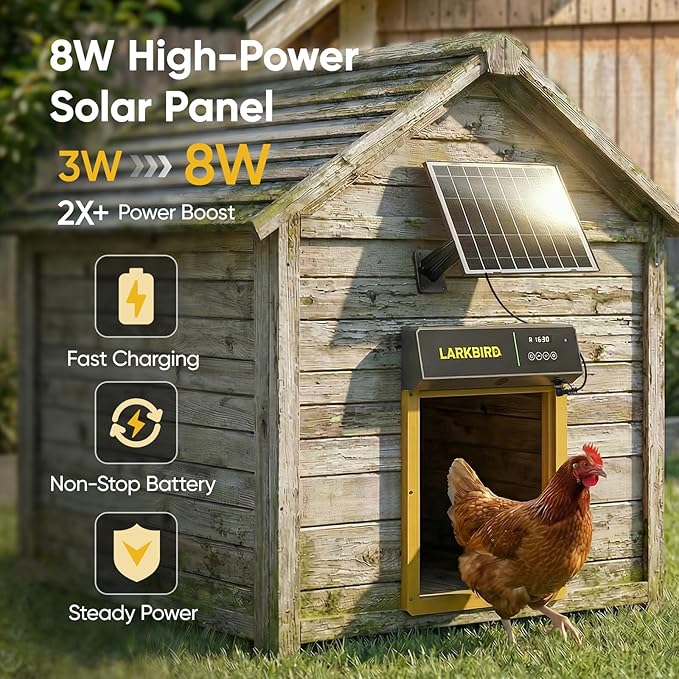 Larkbird Upgraded Automatic Chicken Coop Door Solar Powered, Auto Chicken Door with App Control, Custom Audio Recording, Timer & Light Sensor, Anti-Pinch Design