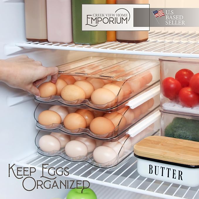 Egg Container for Refrigerator - Clear Stackable 3 Tier Plastic Egg Holder Drawer - 4 Dozen Capacity Farm Eggs Organization Storage Trays for Fridge or Kitchen Counter