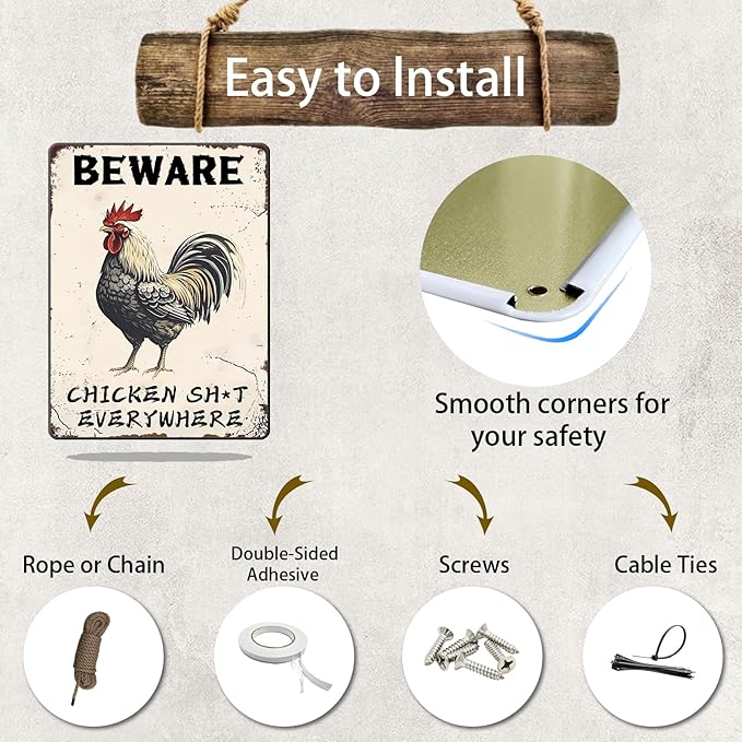 Beware Metal Sign Chicken Shit Everywhere Tin Sign Home Bar Pub 12x16 Inch Metal Restaurant Man Cave Wall Decor