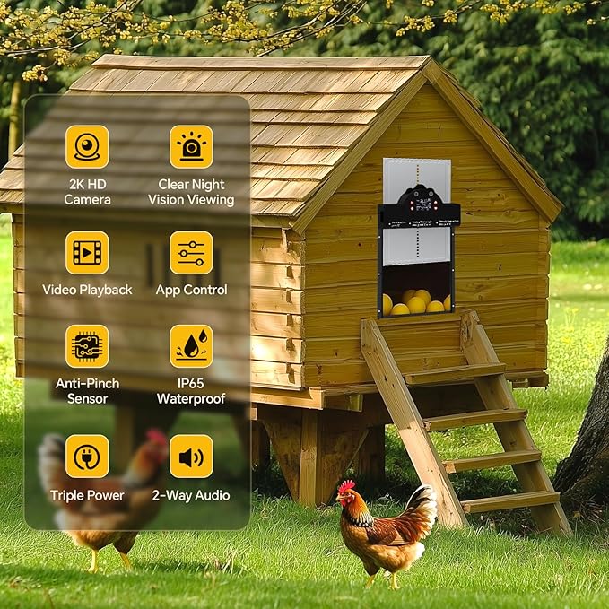 Automatic Chicken Coop Door Solar Powered with 2K Camera & Night Vision, IP65 Wireless Auto Door Opener, 6-Month Battery, APP Control, 2-Way Audio, Anti-Pinch Design (Black)
