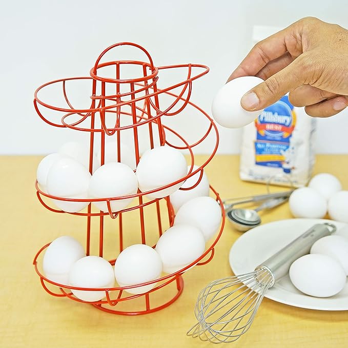 Egg Skelter Deluxe – Modern Spiraling Dispenser Rack, Red, Stylish Kitchen Storage for Eggs