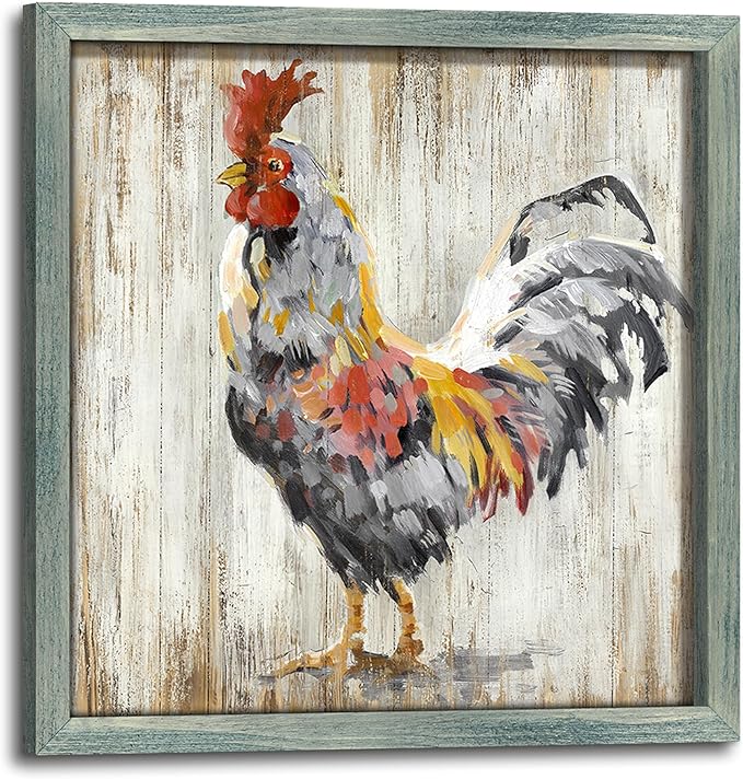 Farmhouse Animal Wood Wall Art: Rustic Rooster Framed Print Picture Farm Chicken Artwork Vintage Country Kitchen Home Painting Decor for Bedroom Living Room 12 x 12 Inches