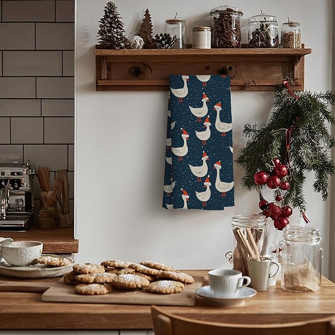 Funny Navy Blue Dark Silly Goose Christmas Kitchen Towels,Farm House Animal Bathroom Decorations Hand Towels,Silly Goose Gift,16x24 Inch