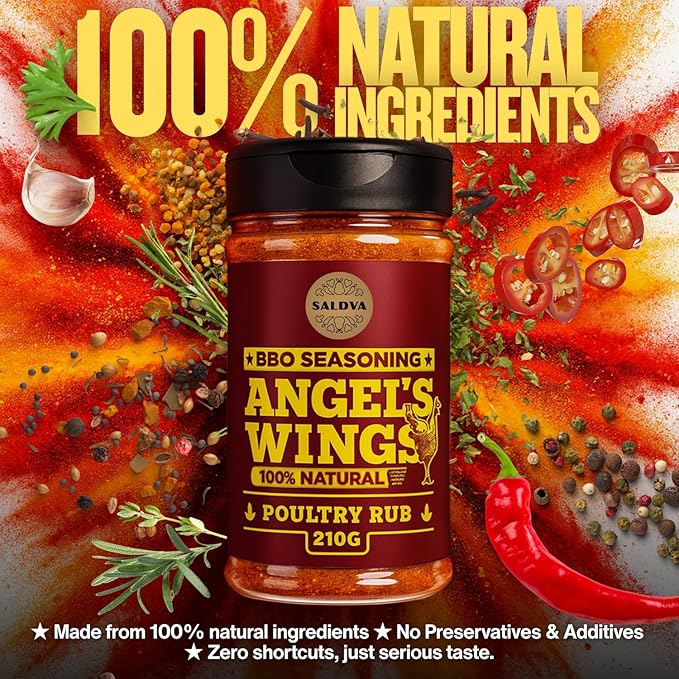 Angel's Wings BBQ Chicken Rub - 100% Natural Aromatic Wings Seasoning - Perfect Blend Of Spices For Amazing Chicken BBQ And Grill Dishes - Large Jar (210g)