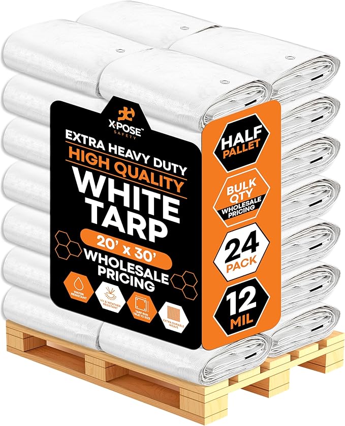 Heavy Duty White Poly Tarp 20' X 30' - Bulk Half Pallet (24 Pack) - Multipurpose Protective Cover - Durable, Weather Proof & Tear Resistant - 12 Mil Thick Polyethylene - by Xpose Safety