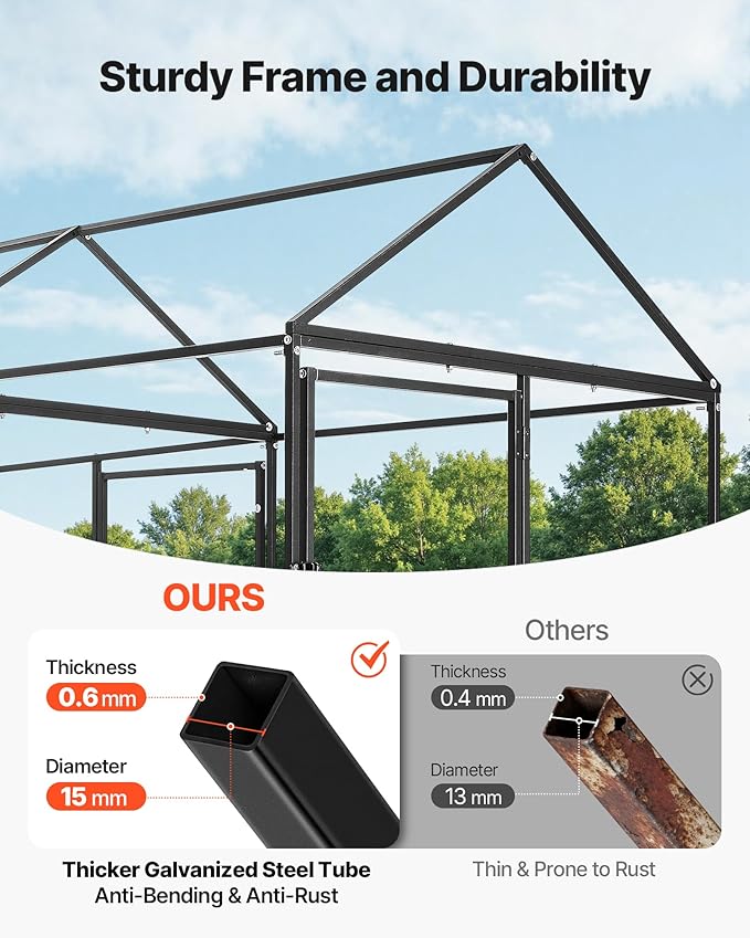 VEVOR Metal Chicken Coop for 6-8 Chickens, 3.3 x 9.8 x 3.3 ft, Small Chicken Cage with Waterproof Cover & 3 Doors, Spire Roof Poultry Run Compatible with Wooden Coops, for Rabbit Hen Goose Duck