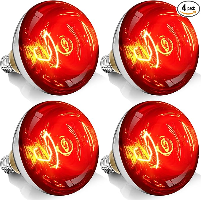 250W R40 Red Heat Lamp Bulbs, 8000 Hours Rated, Infrared Flood Light, Brooder Heating Lamp for Chickens, Reptiles, Pets, Bathroom, E26 Base - 4 Pack