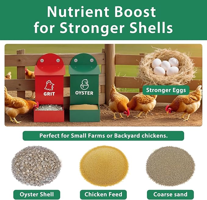 Rustproof Chicken Grit and Oyster Shell Feeder 2 Pack, Heavy Duty Metal Poultry Feeders for Coop or Fence, Rainproof Dual Compartment Wall Mounted Feeder for Outdoor Chicken Coops