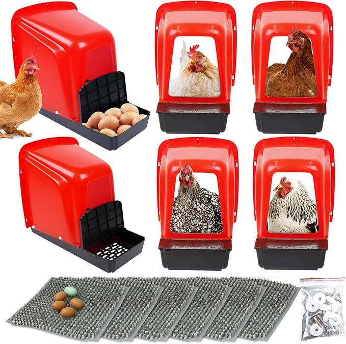 Chicken Nesting Boxes Chicken Laying Boxes with Egg Roll Out Nesting Boxes for Chickens Coop Nest Box Large, Easy to Install, Waterproof and Durable (Red, 6 Pack)