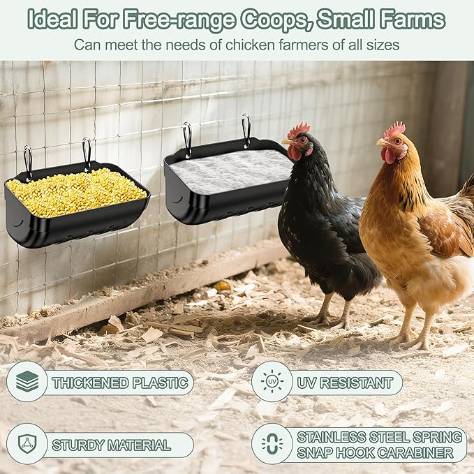 Goat Feeders Hanging, Chicken Waterer Feeder Trough for Poultry Livestock (3 * 3.5 Quart Black)