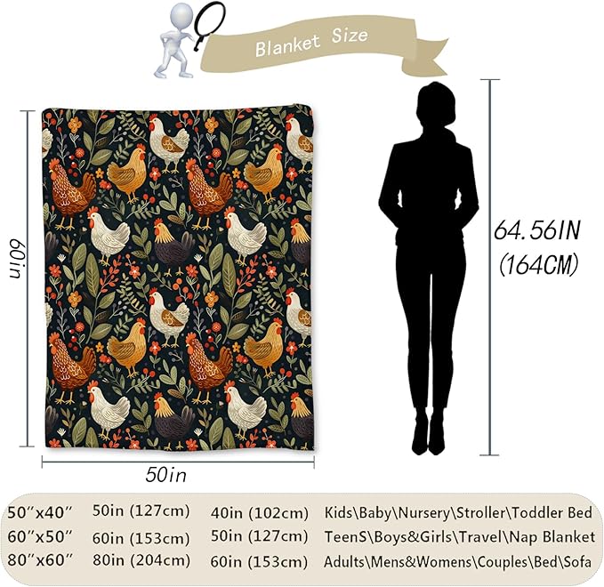 Rustic Chicken and Floral Blanket, Soft Lightweight Flannel Throw Blanket for Couch, Bed, Travel, Living Room & Home Decor, Cozy Warm Fuzzy Blankets for Adults Kids Women Girls 80×60 in