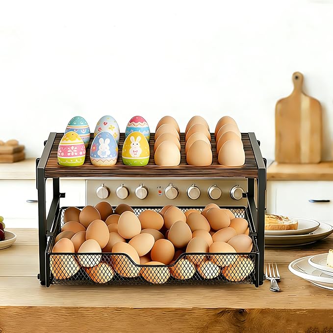 2-Tier Wooden Egg Storage Organizer with Basket – Holds 24+60 Chicken, Duck & Quail Eggs – Compact Countertop Holder with Carry Handle for Easy Transport