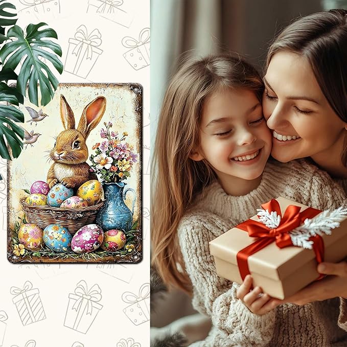 YoyaVex Easter Tin Sign Bunny Room Decor Vintage Metal Wall Art Sign for Home Apartment Wall Garden Bathroom 12X16Inch