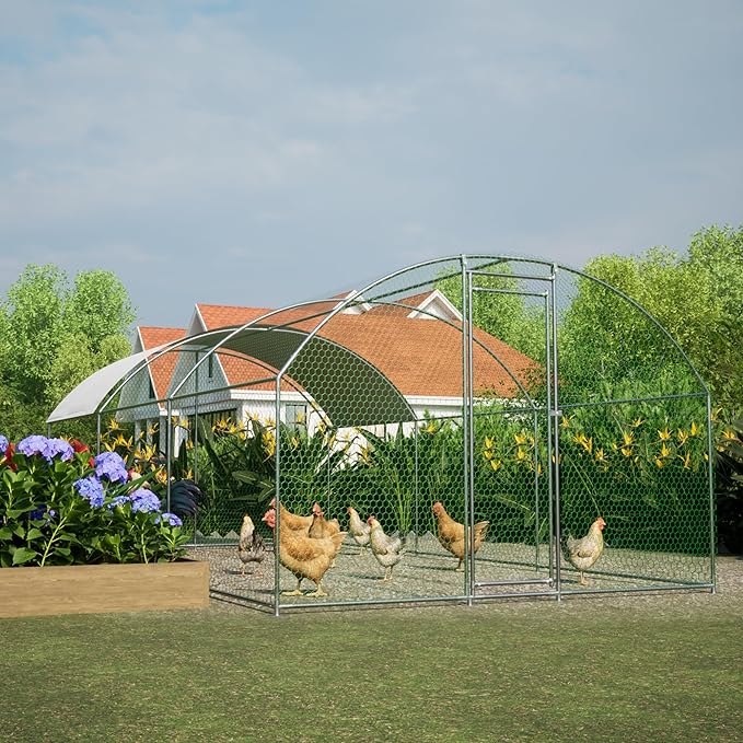 OUYESSIR Outdoor Metal Chicken Coop, Large Walk-in Chicken Run Pen with Waterproof Cover, Rabbit Habitat Dome Roof Dome Poultry Cage for Backyard Farm Use (10'W x 20'L x 6.5'H)
