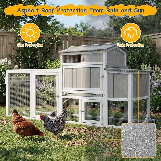 Wooden Chicken Coop with Wheels – Large Movable Outdoor Hen House with Waterproof Clear Sunlight Panel Roof, Nesting Box & Easy-Clean Tray – Spacious Backyard Poultry Tractor Grey
