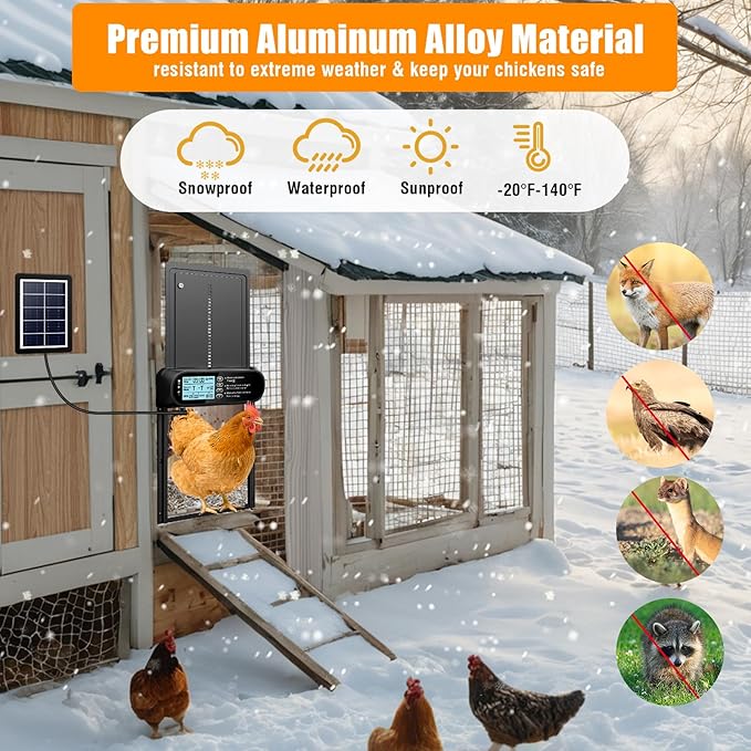 Solar Powered Automatic Chicken Coop Door, LCD Screen Electric Auto Chicken Coop Door with Timer & Light Sensor, Aluminum Rechargeable Automatic Chicken Door Opener with Remote Control & 4 Modes