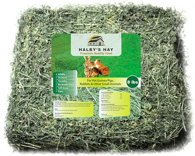 Halby’s Hay™ Premium Alfalfa Hay – 8 lb Bag – Farm Fresh, Sun-Cured, Feed for Rabbits, Guinea Pigs, Chinchillas, Horses & Goats – Soft, Green, Dust-Free, High Protein USA Grown - All Natural!