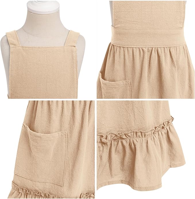 IWEMEK Kids Aprons for Girls Cooking Child Cotton Linen Apron Dress with Pockets Art Baking Gardening Painting Apron Pinafore