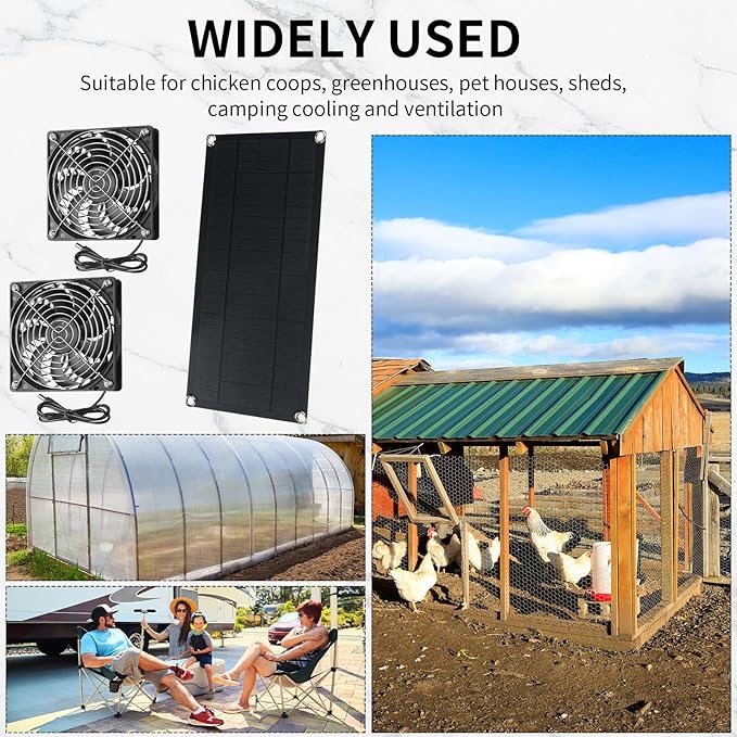 10w 12v Solar Panel Dual Fans Kit Waterproof Outdoor Solar Powered Exhaust Ventilation Fan Dual USB Portable Solar Attic Fan for Chicken Coop Greenhouse Shed PET Houses Window (2 Set)