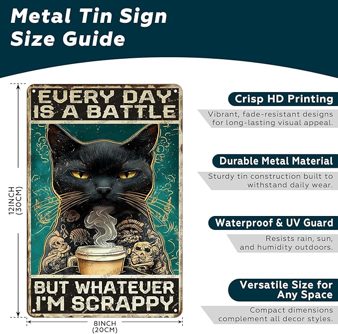 Vintage Black Cat Metal Sign Black Cat Every Day Is A Battle Novelty Metal Poster Home Kitchen Bathroom Aluminium Sign Art Wall Decor 12x8 Inch