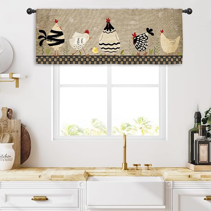 Miyotaa Rooster Farmhouse Kitchen Curtain Valance 54W x 18H Rod Pocket Rustic Farm Chicken Rural Country Plaid Window Treatment for Living Room Bedroom Bathroom Laundry