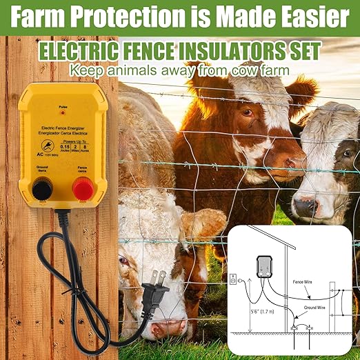 Electric Fence for Preventing Animals Intruding 2 Mile 110VAC 0.15 Joule Electric Plug in Fence, 50 Black Insulator and 1 Socket Tool 250ft Aluminum Wire for Animals and Keep Out Predators