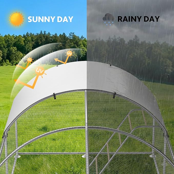 Large Metal Chicken Coop with Roosting Perch Walk-in Poultry Cage Chicken Run House Chicken Pen Dome Shaped Coop with Waterproof Cover for Outdoor Backyard Farm Use (10' L x 19.7' W x 6.4' H)