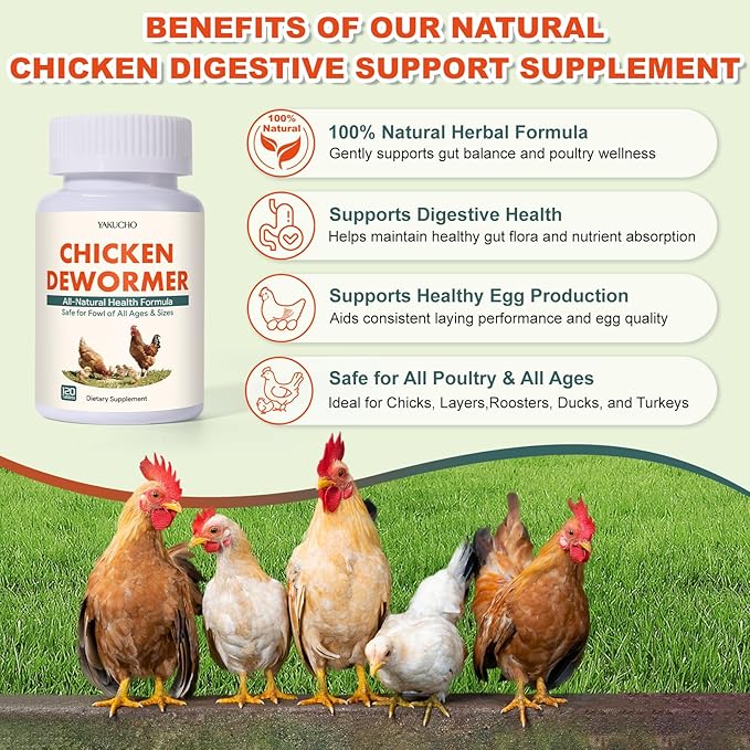 Chicken Gut Health Supplement – Natural Herbal Formula for Chickens, Chicks, Roosters & Turkeys, Supports Digestive Health & Internal Balance, Safe for Layers & Egg Production, 120 Easy-Feed Tablets