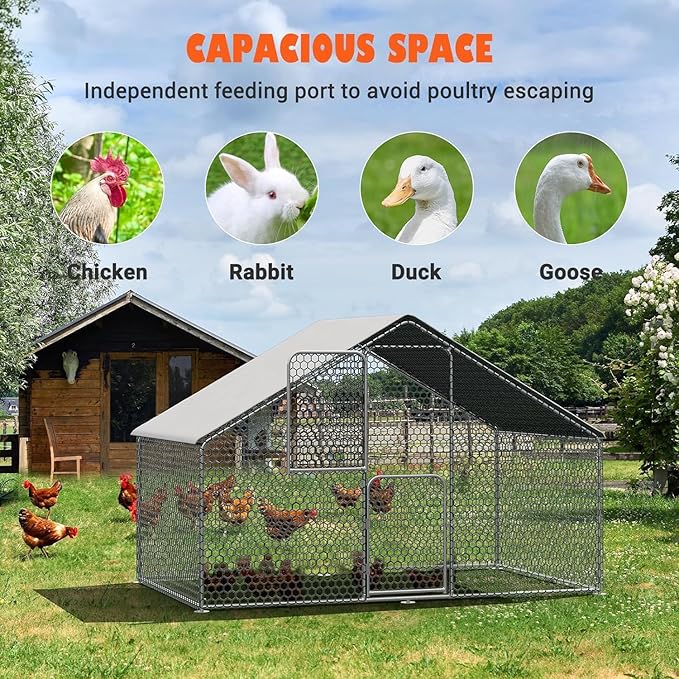 UDPATIO Walk-in Chicken Coop - Spacious Outdoor Chicken Pen Metal Pen for 10 Chickens, Double Feed Doors, UV-Resistant Cover & Galvanized Steel Frame