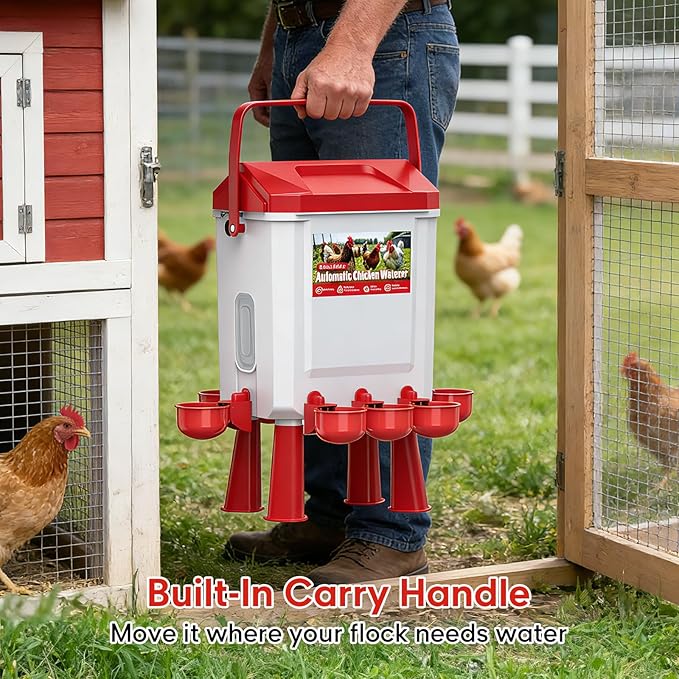 Automatic Chicken Waterer, 10L Poultry Watering System with Visible Water Level Window, Auto Refill Hose and Float Valve, Chicken Water Feeder with Cups or Nipples for Backyard Chickens