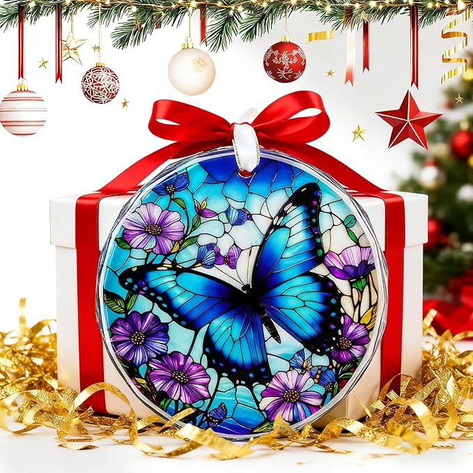 Stained Glass Butterfly Christmas Ornament 2025 Butterfly Suncatchers Hanging Ornament for Christmas Tree - Christmas Ornaments, Christmas Decorations, Exchange, Holiday Presents (Glass Butterfly)