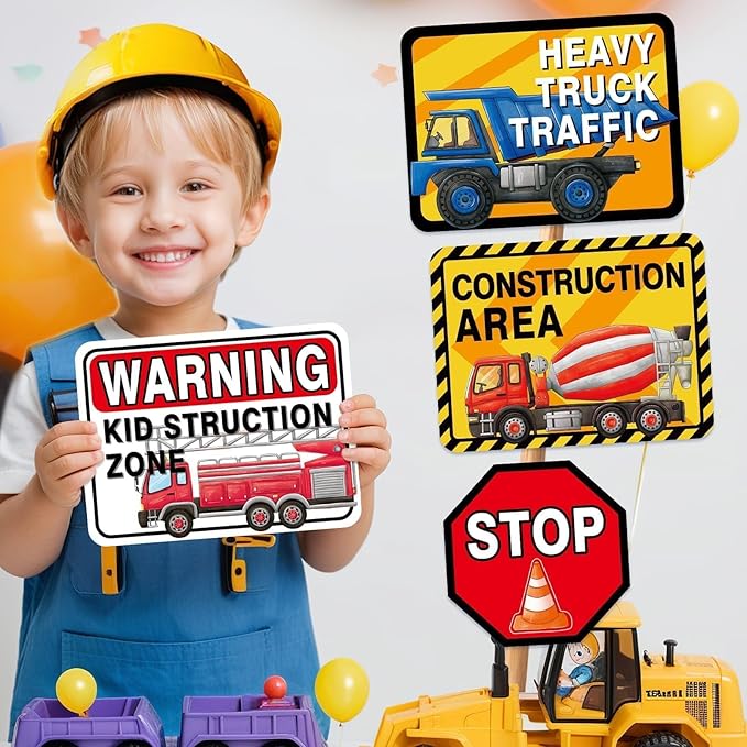WERNNSAl Construction Party Decorations - 12PCS Truck Signs Birthday Decorations for Kids Boys Construction Birthday Party Supplies Funny Traffic Road Signs for Baby Shower Home Garden Yard Decor
