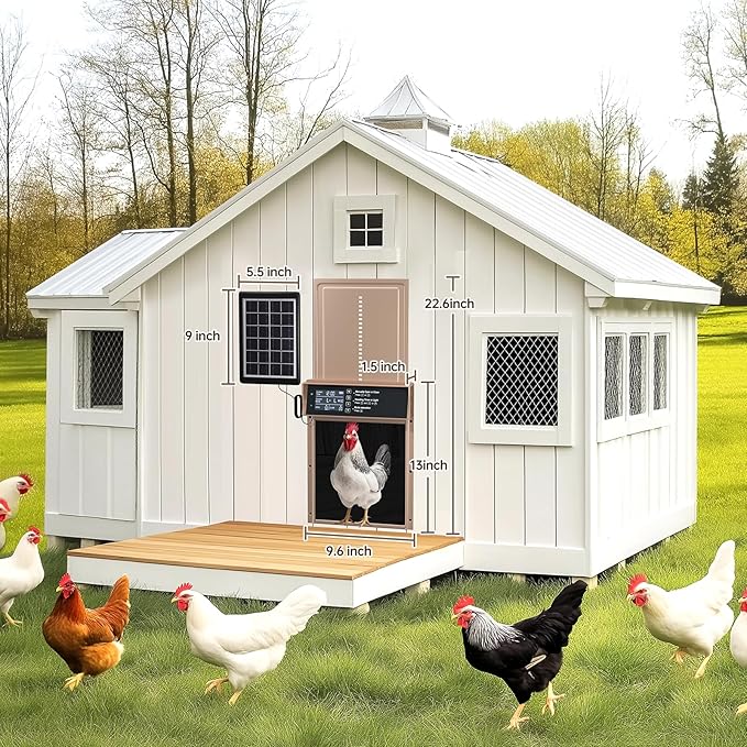 Solar Chicken Coop Door, Automatic Chicken Door Solar Powered & USB Charging, Automatic Chicken Door 4 Modes with Timer & Light Sensor, Anti-Pinch & Alert, Remote, LED Screen -Rose Gold