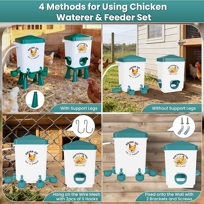 3 Gallon Chicken Feeder and Waterer Set, Large Chick Water with Automatic Float Valve, No Waste Poultry Feeding and Watering System, 4 Cups & 3 Ports, Chicken Coop Accessories for Pigeons/Quail (Blue)