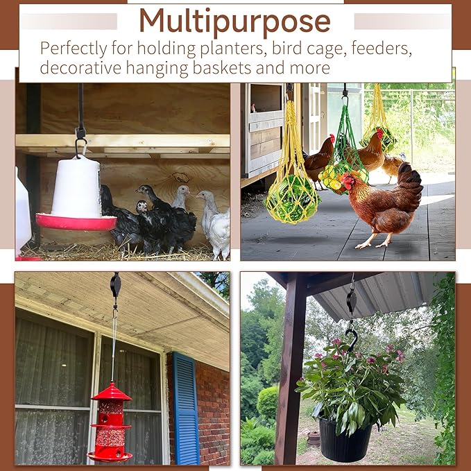 BJADE'S Pulley Hanger Hanging 3 Pack for Chicken Feeders,Adjustable Retractable Hanging Chicken Feeder for Chiken Bird Coop Accessories Feeders Waterer Plant Hooks Hanger