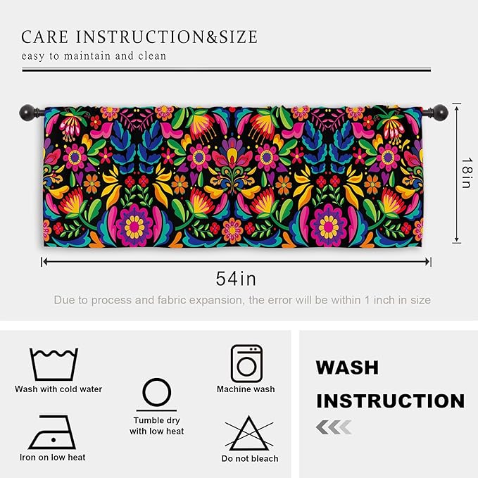 Miyotaa Mexican Fiesta Kitchen Curtain Valance 54W x 18H Rod Pocket Cinco De Mayo Dia De Los Muertos Colorful Flower Window Treatment for Living Room Bedroom Bathroom Laundry