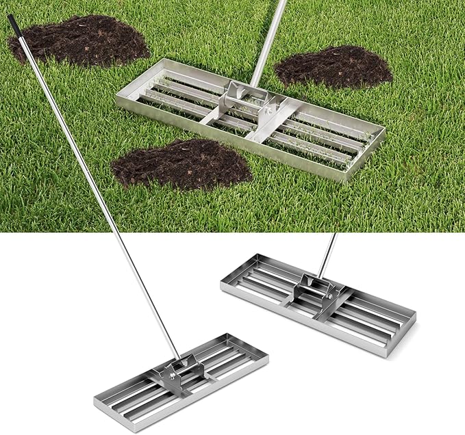 Happygrill Lawn Leveling Rake, Heavy Duty Lawn Level Tool for Soil w/67” Handle, Dirt Ground Leveler, Effort-Saving Landscape Rake for Garden, Backyard, Golf Course, Farm, Pasture (30" x 10", Silver)