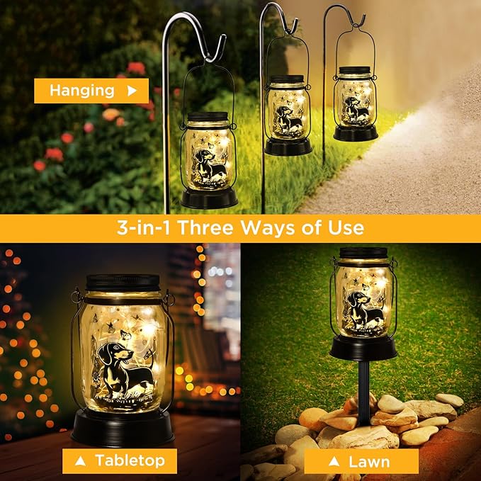 Dachshund Gifts for Women/Men Dachshund Solar Lanterns Mom Birthday Wiener Dog Lovers Lantern Pet Loss Sausage Dog Memorial Lights Solar Garden Decoration for Yard, Patio,Backyard,Porch Torches Lights