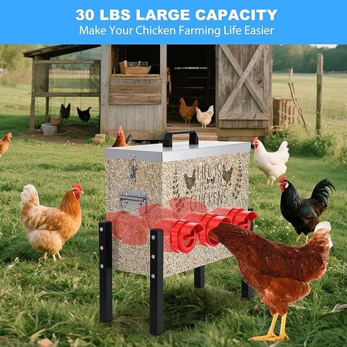 TGEYD 30 lb Chicken Feeder with 6 No-Waste Ports – Heavy-Duty Outdoor Metal Feeder with Adjustable Height, Locking Lid & Riveted Handles – Rustproof Feed Box for Poultry & Backyard Chickens