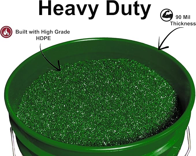 5-Gallon Bucket with Airtight Lid – Made in USA, Food Grade BPA Free Plastic, Heavy Duty Multi-Use, Metal Handle with Grip, Stackable Storage – Green, 6 Pack